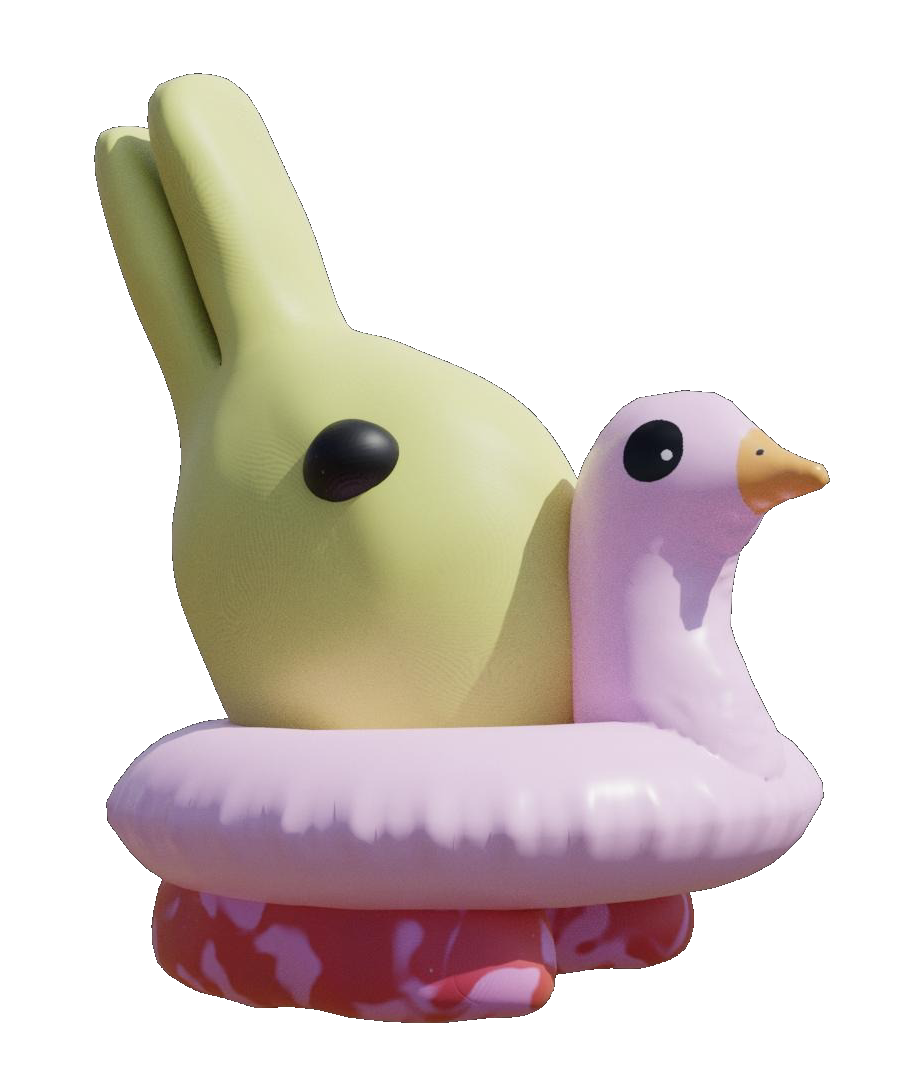 a side image of duckrabbit: a yellow rabbit and pink duck